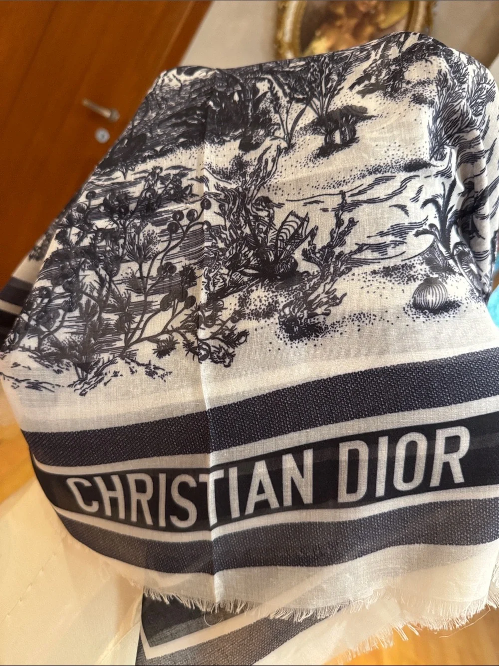Dior Black and Cream Botanical Toile Throw with Christian Dior Border